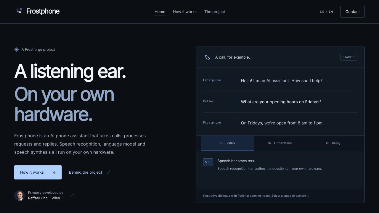The current Frostphone website showing the local AI voice assistant and an illustrative conversation