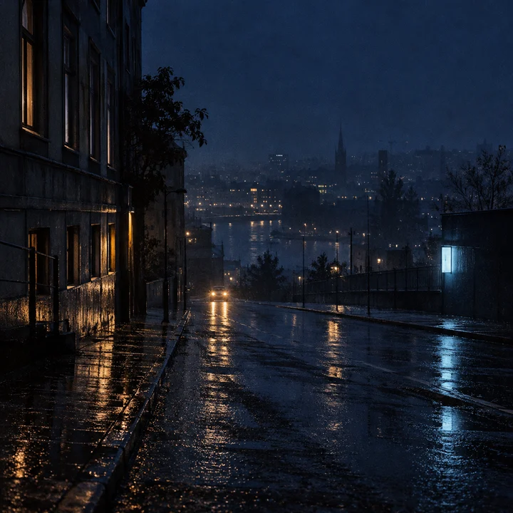 Illustrative cover: a rain-soaked street at night